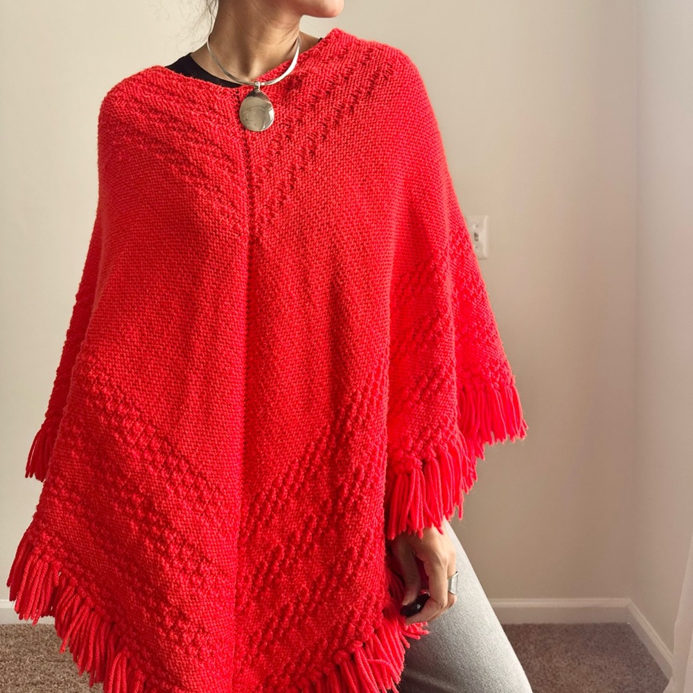 Vintage Vibrant Orange Fringe Poncho Handknit Crochet - Picture 2 of 6